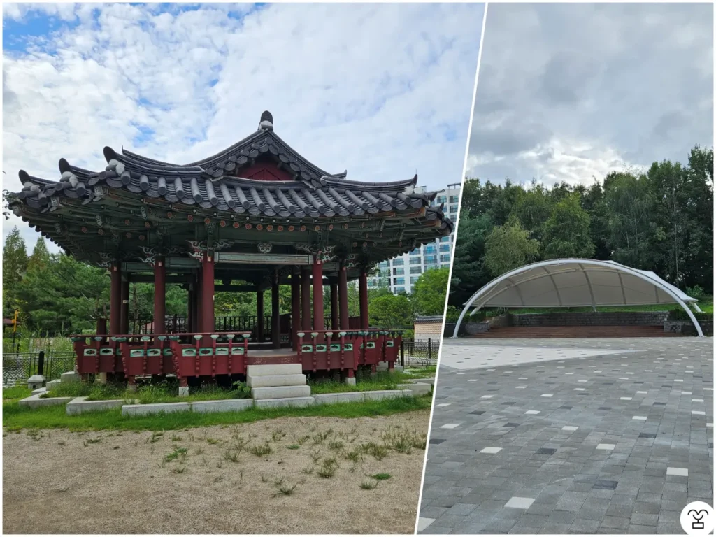 左の写真は交河亭、右の写真は多目的広場