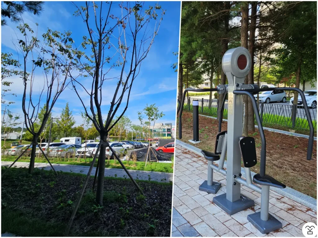 文山図書館の駐車場、周辺の運動器具
