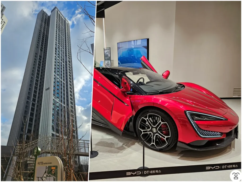 屋上庭園を見下ろす建物。1階のBYD店舗に展示されている車。