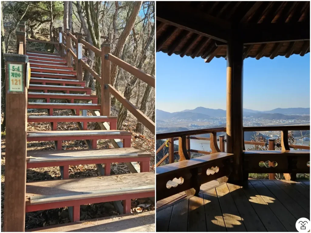 左の写真、木製階段の第4区間の始まり
右の写真、文殊山（ムンスサン）展望台