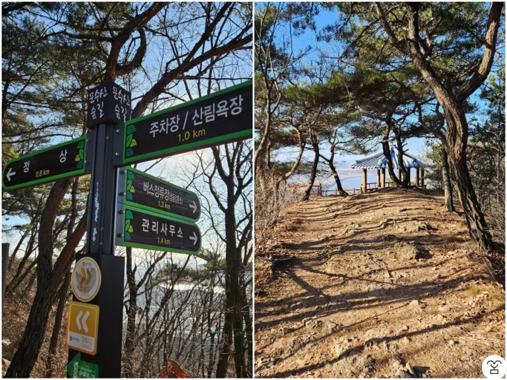 左の写真、展望台から数メートル歩くと見える案内標識
右の写真、展望台の方向へ向きを変えて下山