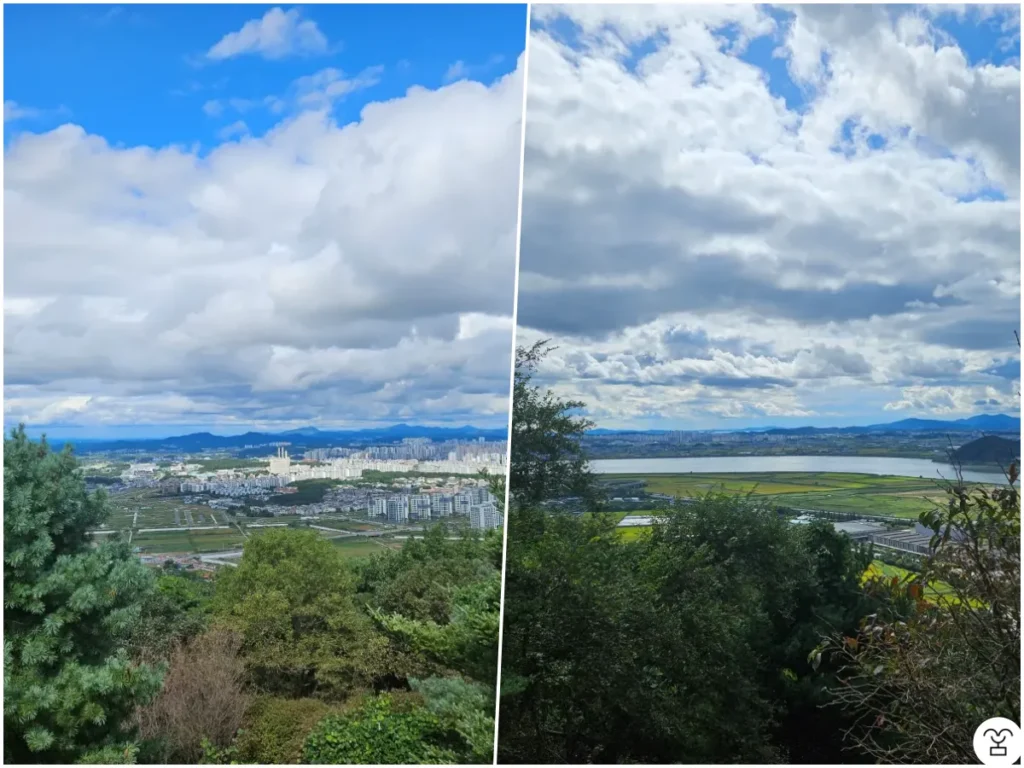 左の写真、尋鶴山（シムハクサン）山頂から見た運井。
右の写真、尋鶴山（シムハクサン）山頂から見た漢江。